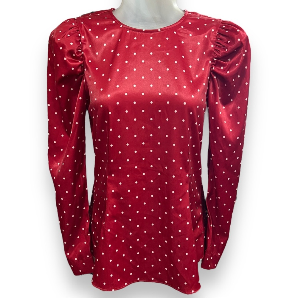 L’Academie Silky Polka Dot Red White Blouse Top Puff Sleeve Size XS